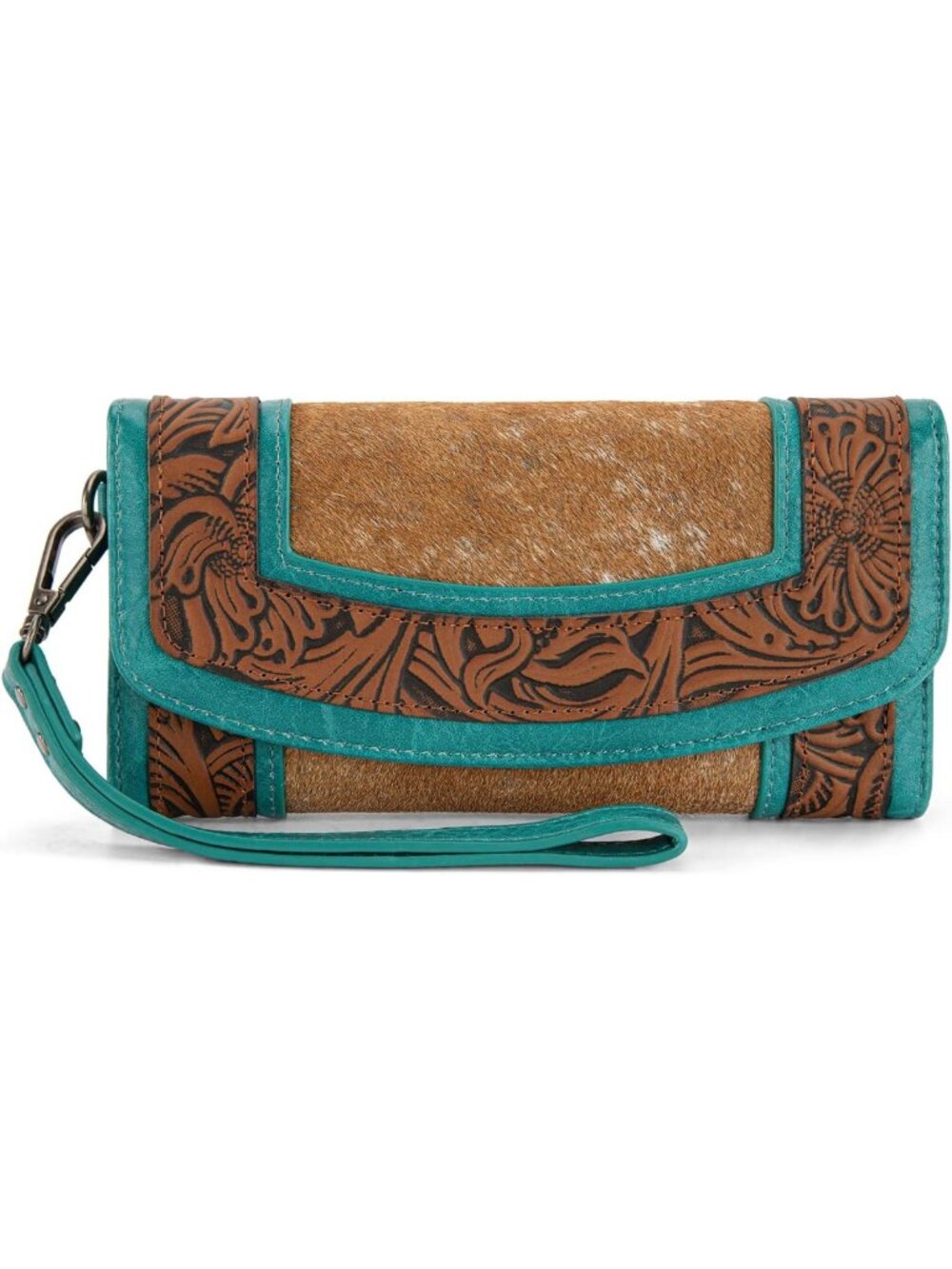 Western Floral Tooled Cowhide Wristlet Wallet for Women - Large Capacity Trifold